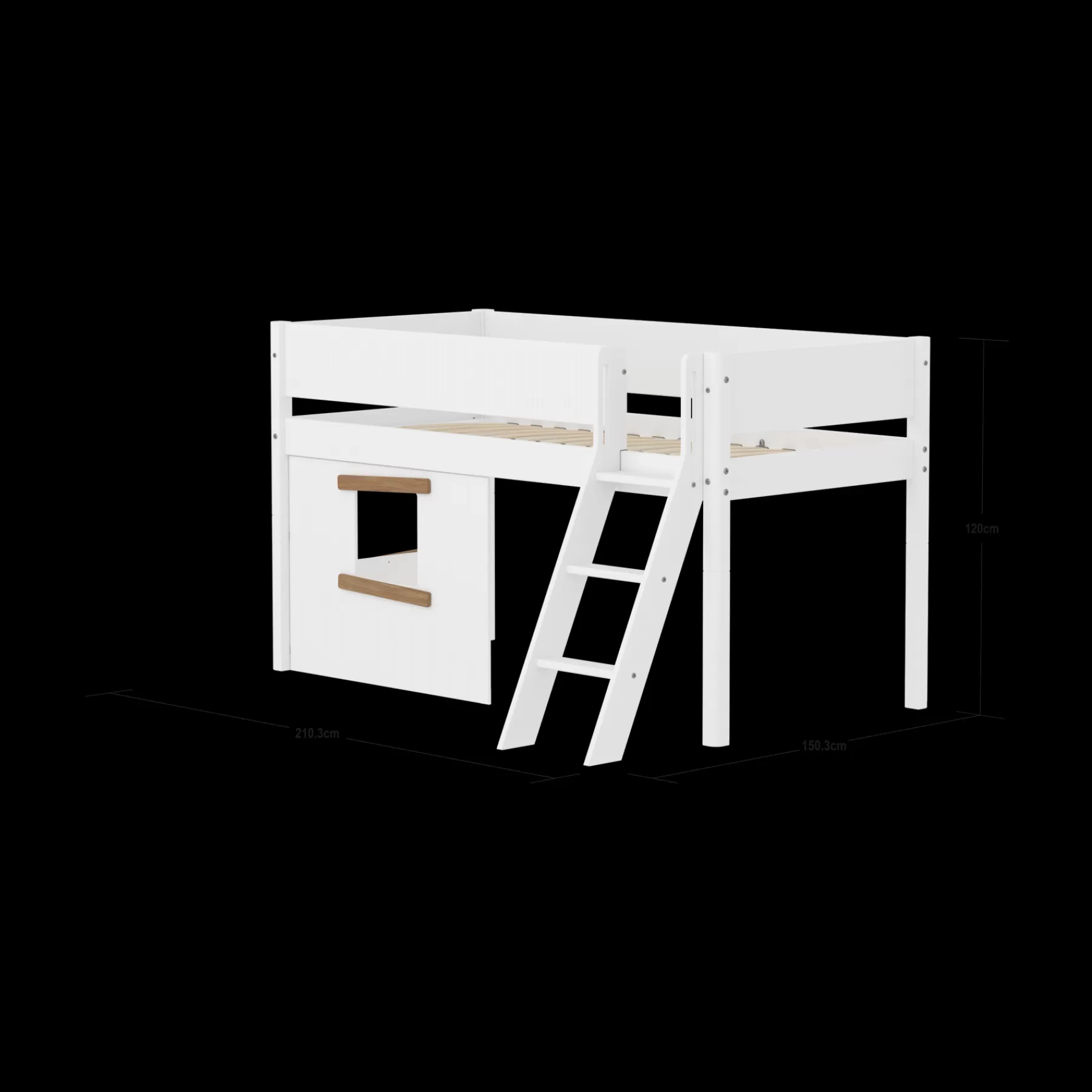 FLEXA Cama media-alta, escalera inclinada y frontales de cama para casa del árbol, marco de roble^ Camas Media-altas